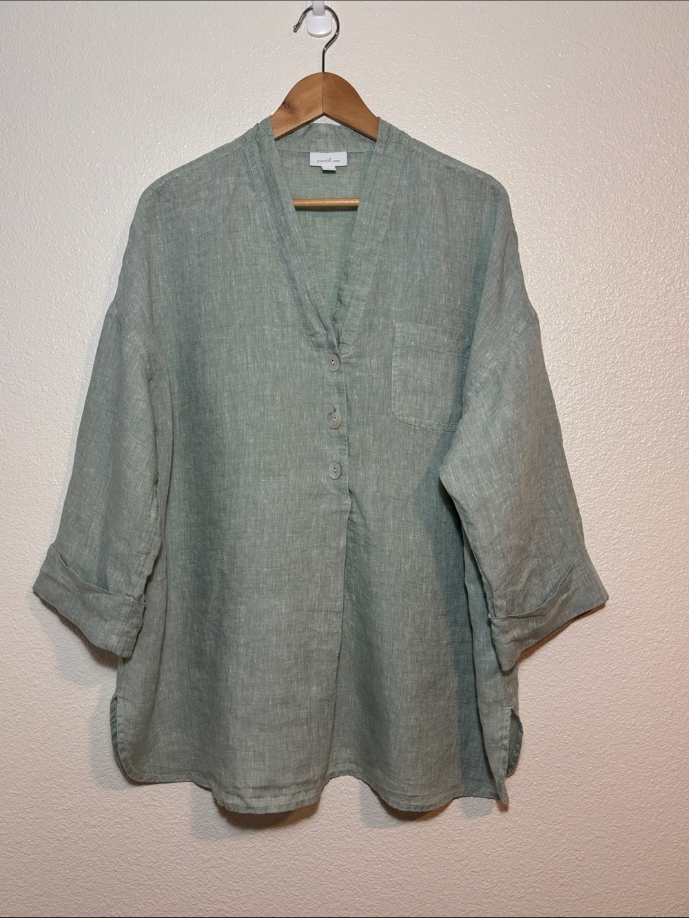 J Jill Pure Jill 100% Linen Button Front Sage Green Tunic Size XL | coastal